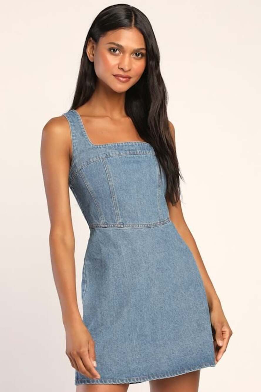 Medium Wash Denim Dress - Corset Dress - Denim Mini Dress - ,